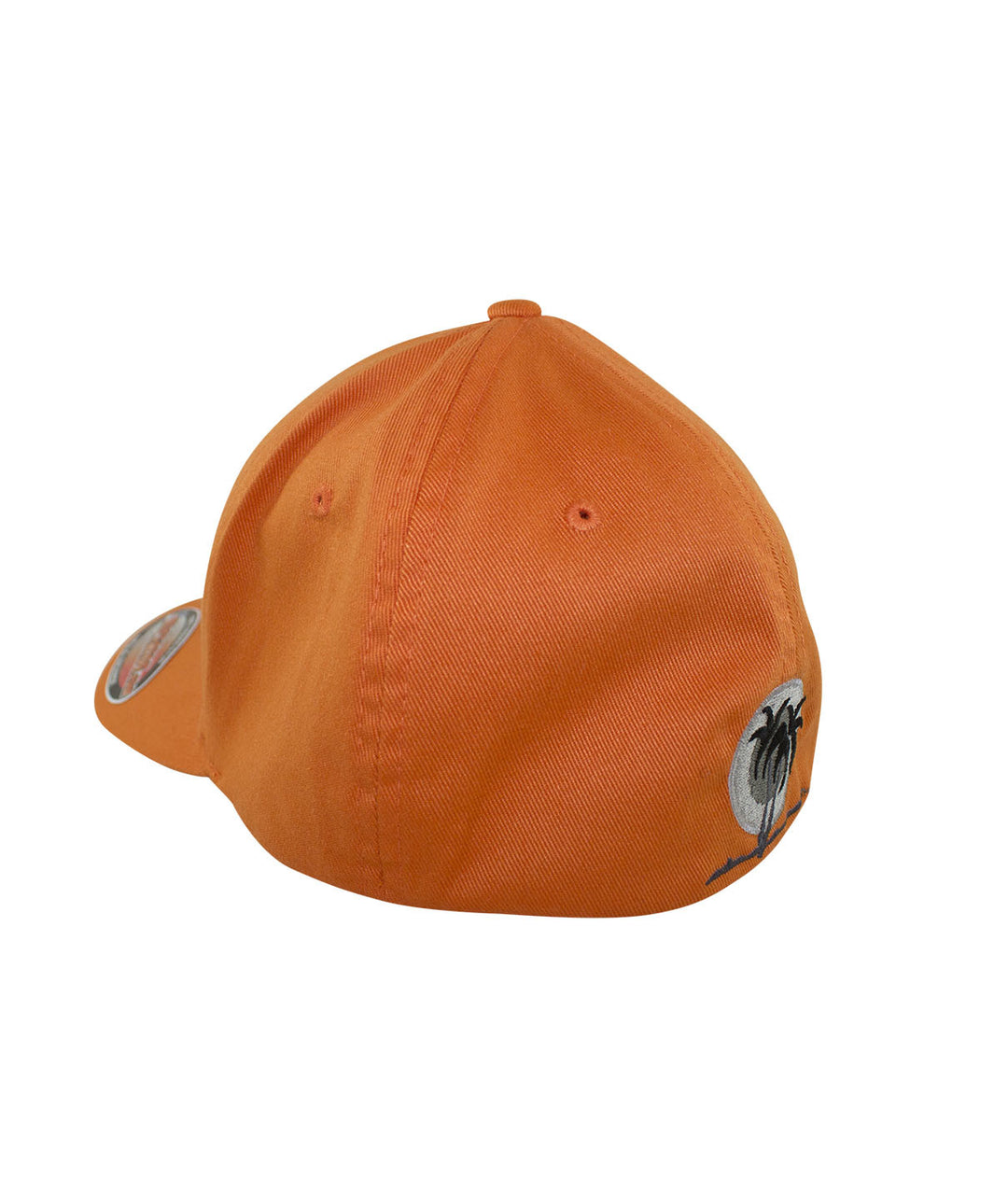 Back view of the orange Bow Tie Classic Flexfit Hat showing embroidered palm logo detail.