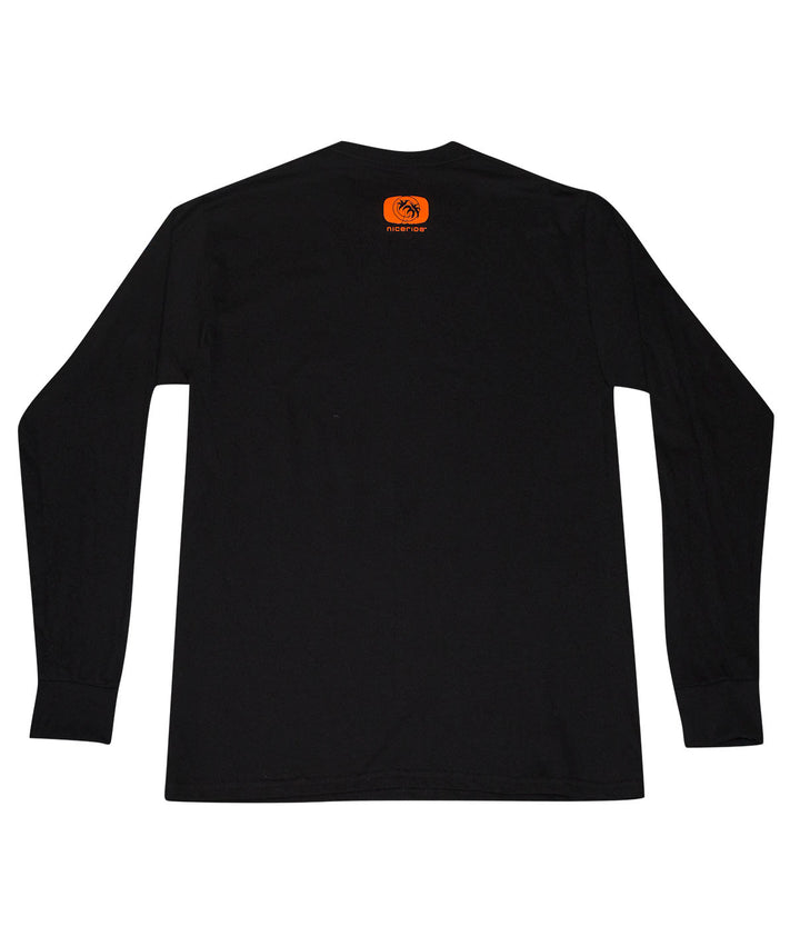 Back view of the "Bold Tower" black long sleeve mens shirt featuring NICERIDE palm logo on the rear center yoke.