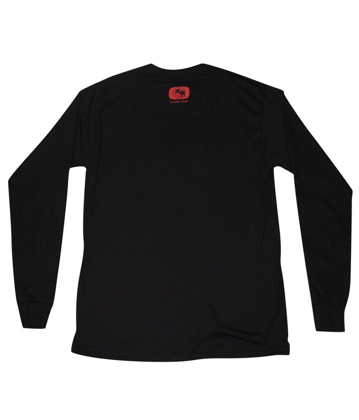 Back view of Bold Tower black long sleeve shirt for men featuring NICERIDE palm logo on rear yoke.