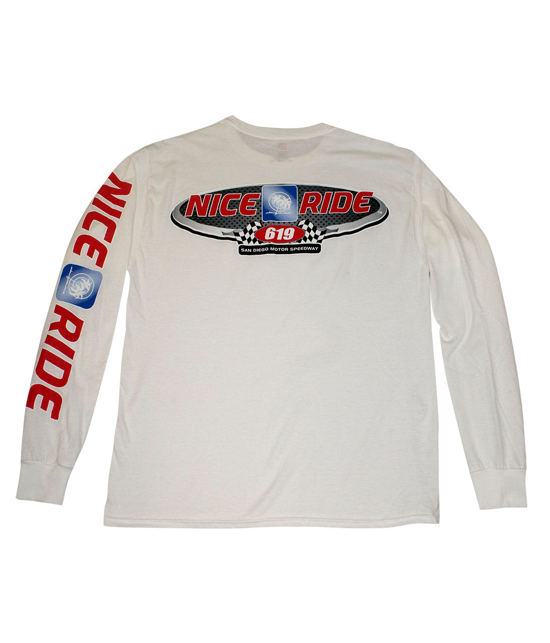 619 Motor Speedway shirt featuring NICERIDE design on a white Hanes long sleeve cotton t-shirt.