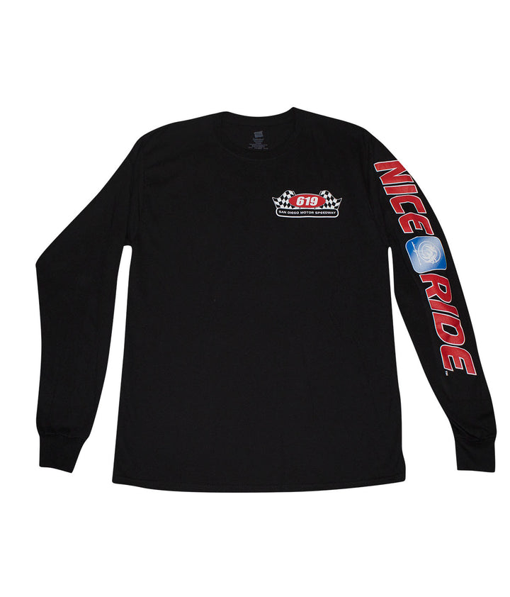 Black long sleeve shirt featuring 619 Motor Speedway design and NICERIDE logo on the sleeve.