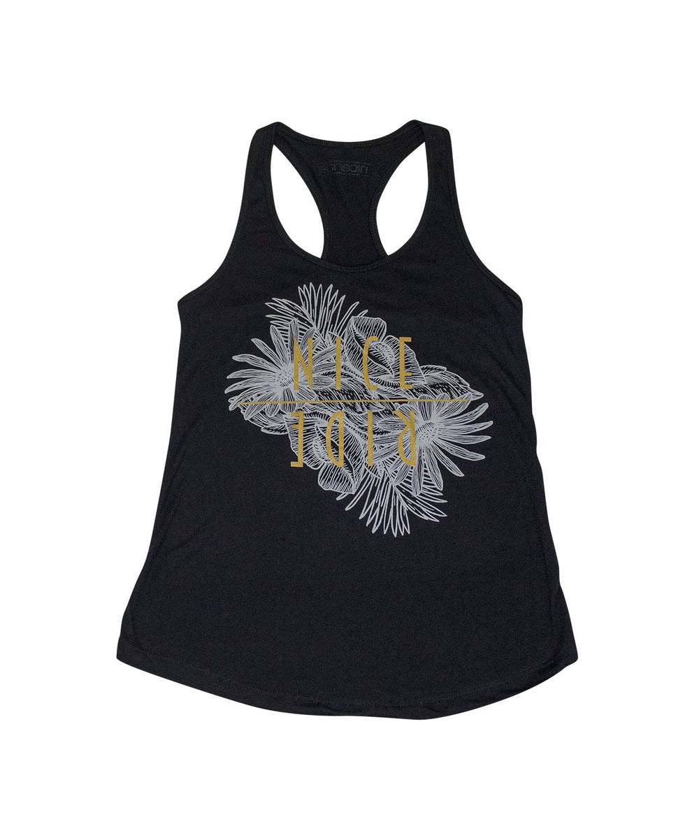 Paradise - Next Level Women's Racerback Tank Top in black with floral design, perfect for comfort and style.