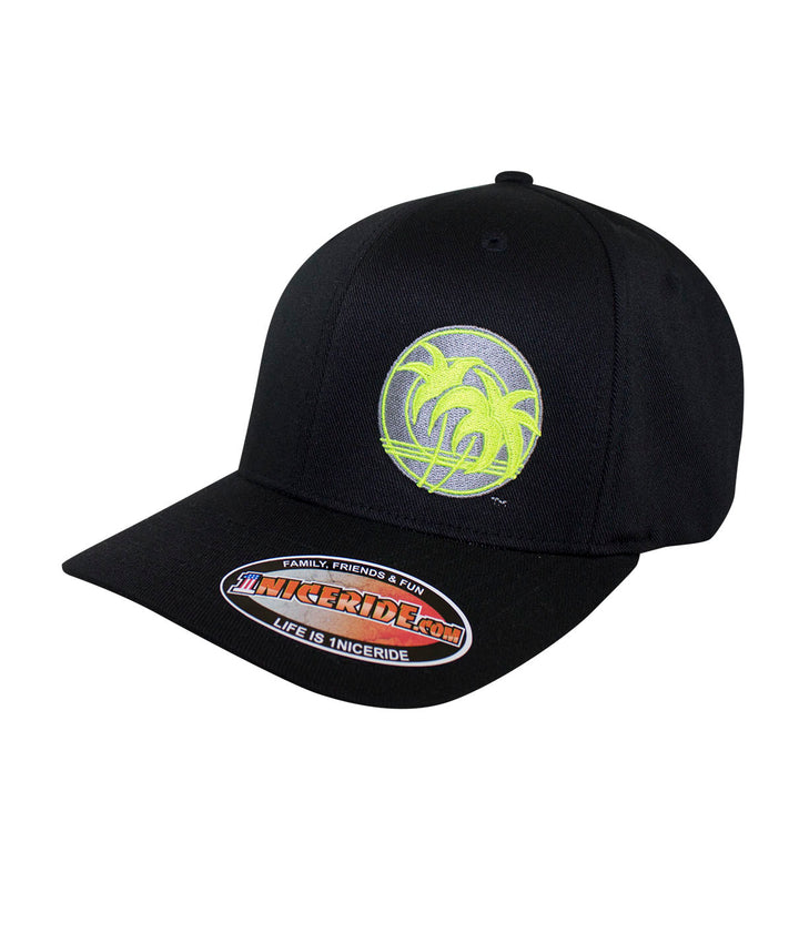Retro Palm Classic Flexfit Hat featuring embroidered palm logo and NICERIDE branding on front and back.