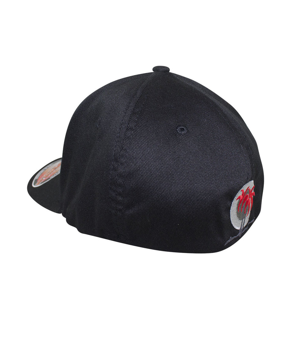 Back view of the Interstate 619 Classic Flexfit Hat featuring a palm logo with red leaves.