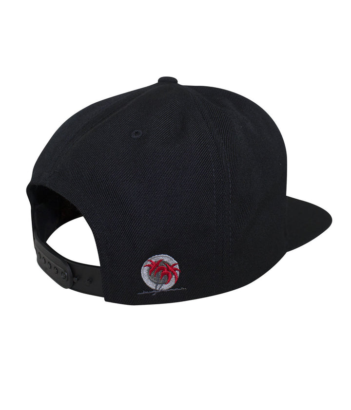 Back view of Interstate 619 snapback hat showcasing palm embroidery design, highlighting a stylish black cap.
