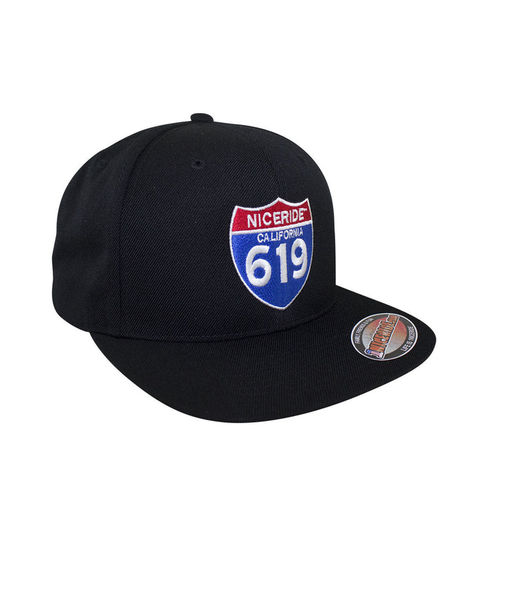 Interstate 619 Snapback hat with embroidered logo on front and side, black color, classic design from NICERIDE.