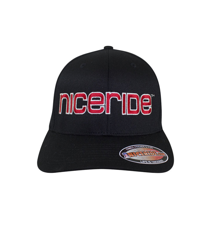 Bold Tower black classic Flexfit hat with NICERIDE logo embroidered on front, showcasing a sporty style.