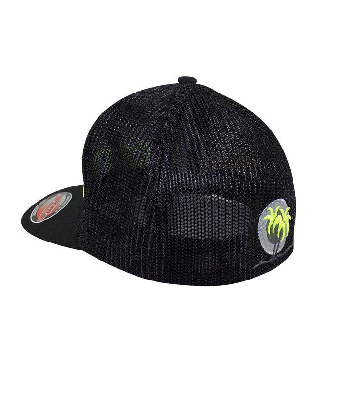 Black Meshback Flexfit Hat showcasing NICERIDE logo and Blacked Out Classic Palm Logo, perfect for stylish comfort.