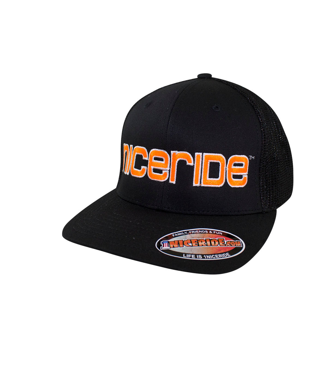 Black meshback Flexfit hat featuring NICERIDE logo on front panel and classic palm logo on back.