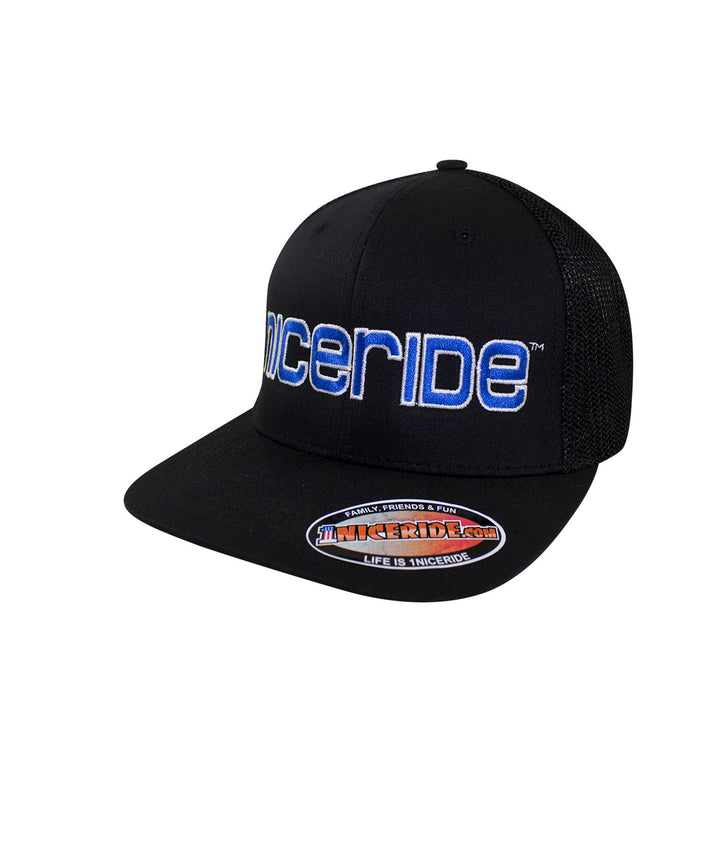 Bold Tower black meshback Flexfit hat featuring NICERIDE logo embroidered on the front panel.