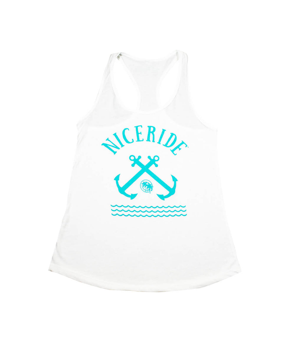 Dana Point - White Next Level Women's Racerback Tank Top featuring NICERIDE design and anchor graphics.