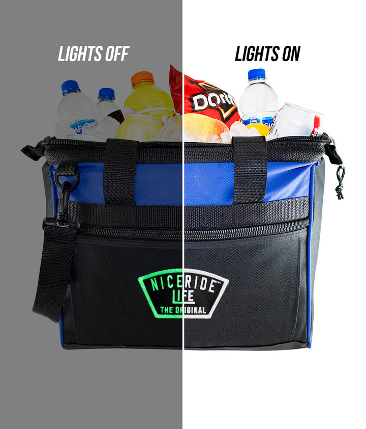 Grinder Evening Glow Big Mouth Cooler with drinks and snacks, showcasing the cooler&