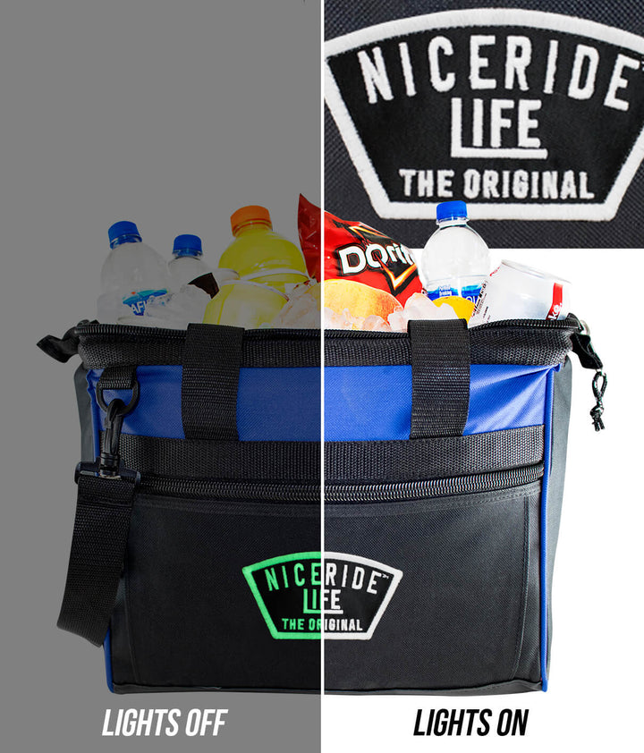 Grinder cooler with drinks inside, showing &