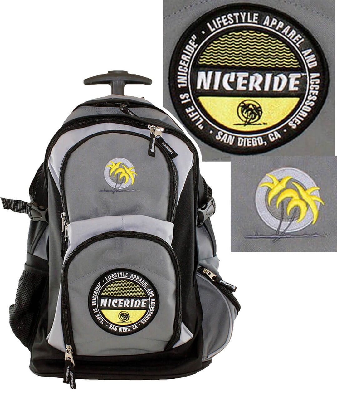Black and grey Hall Pass backpack with wheels, NICERIDE Badge, and palm logo for travel.