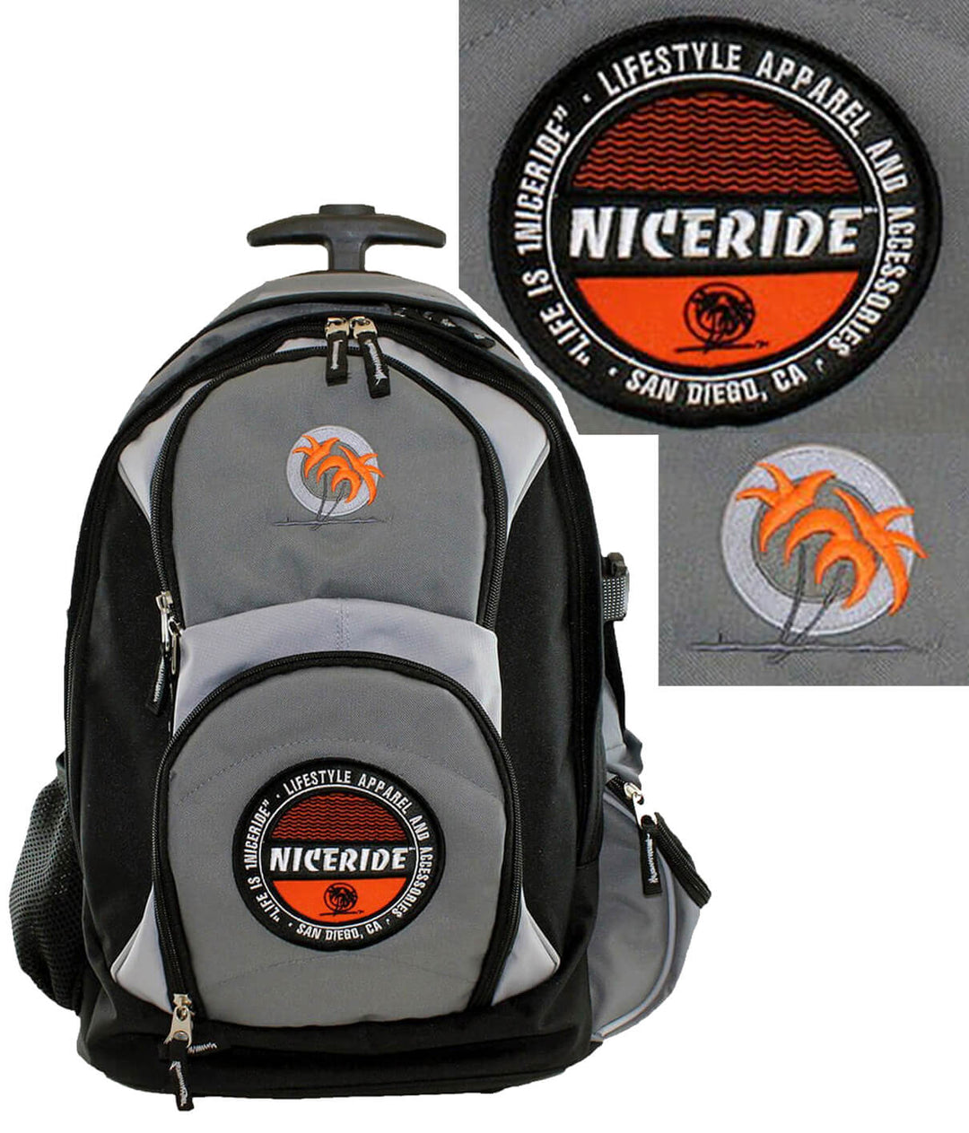 Hall Pass backpack in black and grey with NICERIDE Badge, perfect for travel and short trips, featuring wheels and handle.