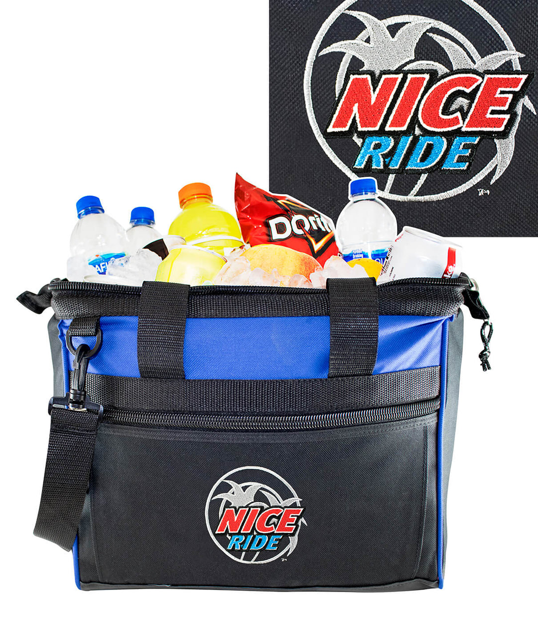 Choo Choo big mouth cooler filled with drinks and snacks, featuring a logo and detachable shoulder strap.