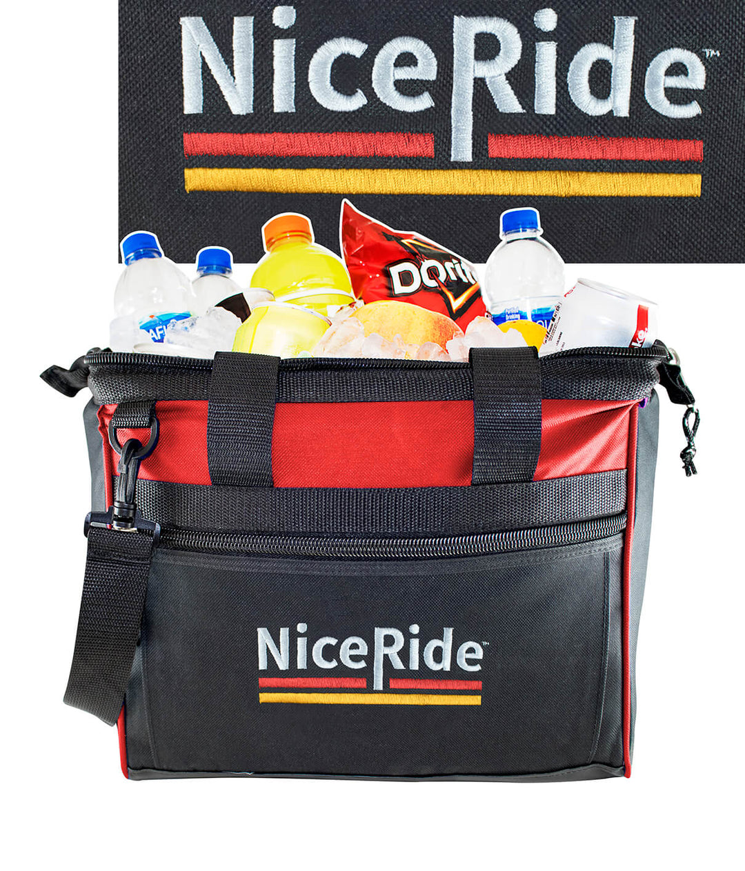 Big mouth cooler filled with drinks and snacks, featuring the Nice Ride logo on the side.