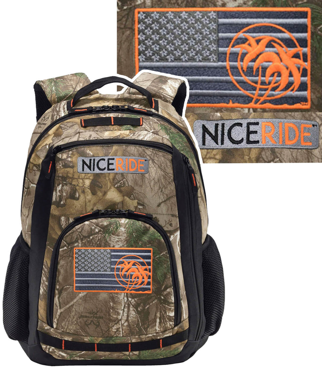 Strong camo backpack featuring American flag and NICERIDE logo with neon orange accents.