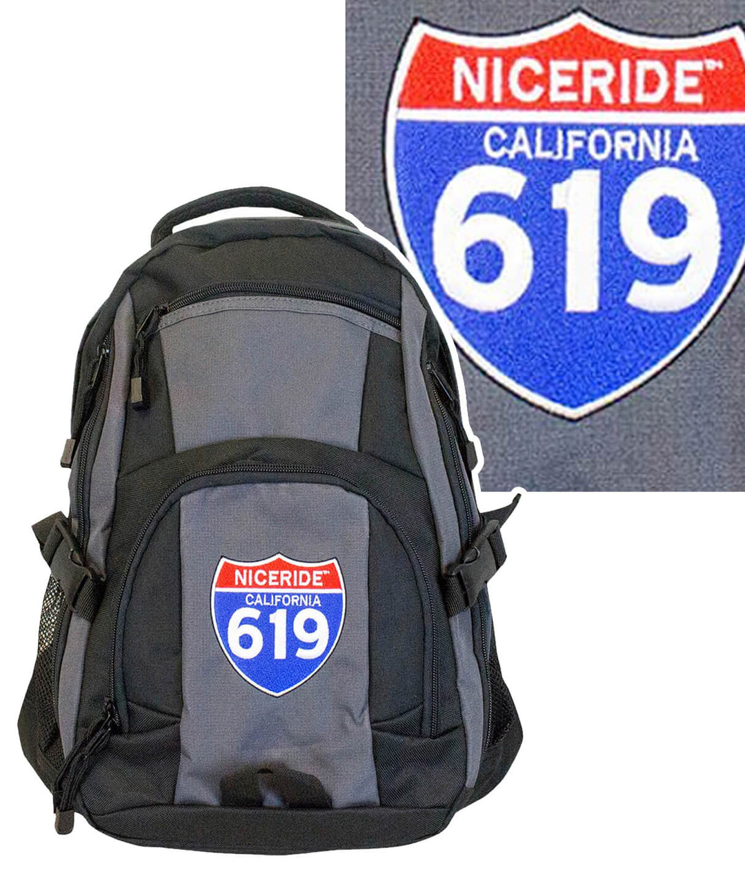 Interstate 619 backpack by NICERIDE with padded laptop sleeve and embroidered logo in black and dark grey.