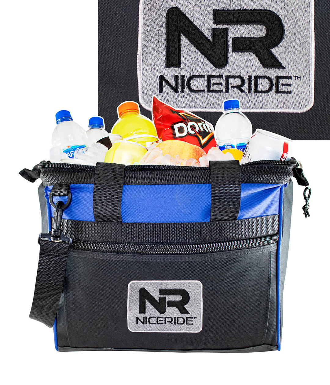 Niceride cooler filled with drinks and snacks, featuring a detachable shoulder strap and logo on the front.