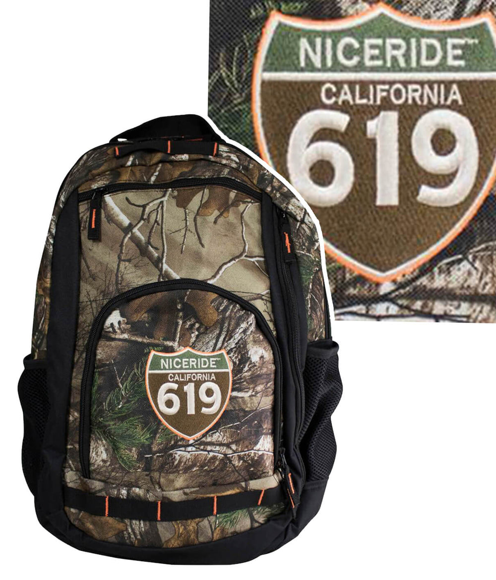 NICERIDE 619 camouflage backpack featuring an embroidered logo, ideal for everyday use and outdoor activities.