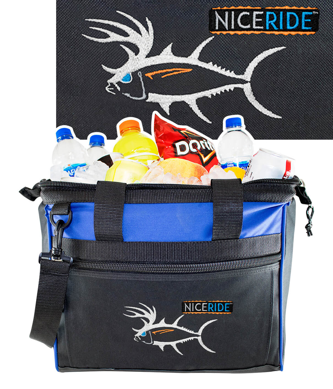 Cooler bag filled with drinks and snacks, featuring a fish logo and the NicRide brand. Perfect for outdoor activities.