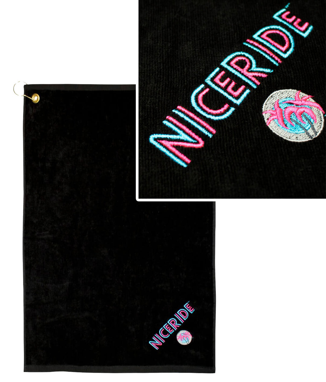 Disco golf towel featuring NICERIDE logo, heavy weight cotton, dobby hemmed, ideal for golfing and sports.