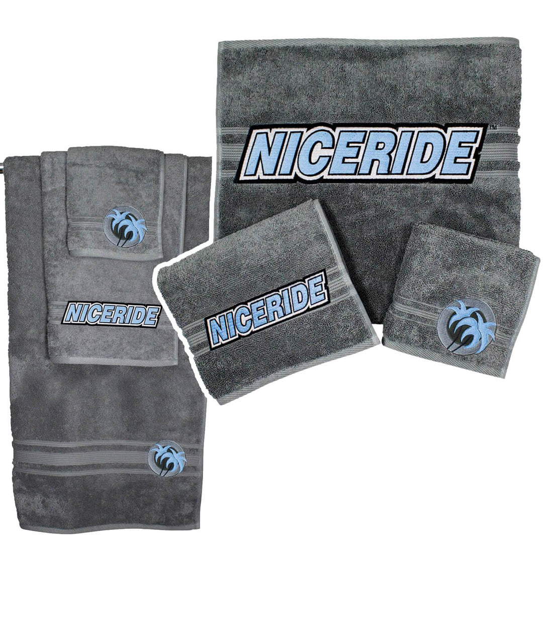 Slick 3 Piece Towel Set featuring soft oversized body towel, hand towel, and washcloth, designed and embroidered in the USA.