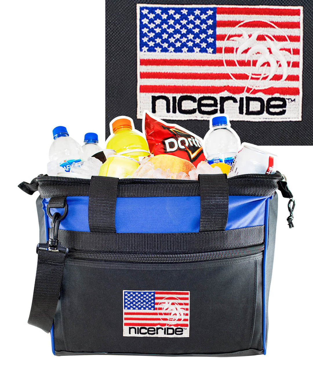 NICERIDE PRIDE cooler filled with beverages and snacks, showcasing the logo and design features.