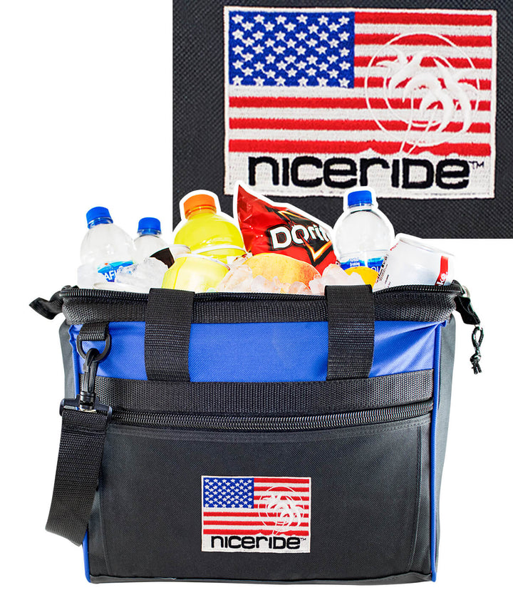 NICERIDE PRIDE cooler filled with beverages and snacks, showcasing the logo and design features.