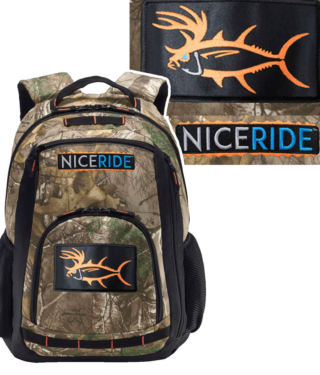 A camouflage backpack with a fish patch on it.