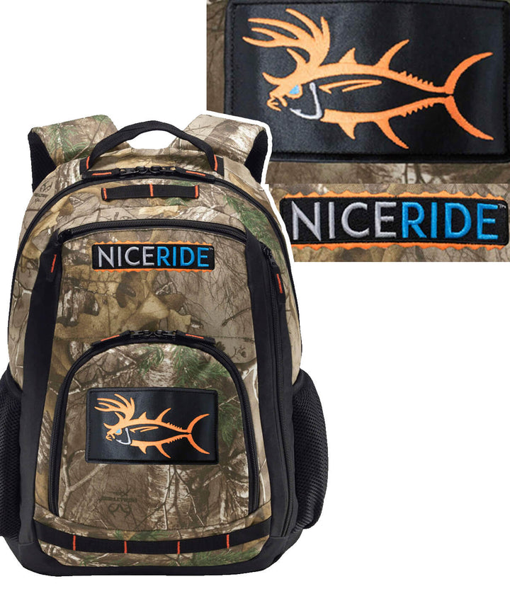 A camouflage backpack with a fish patch on it.