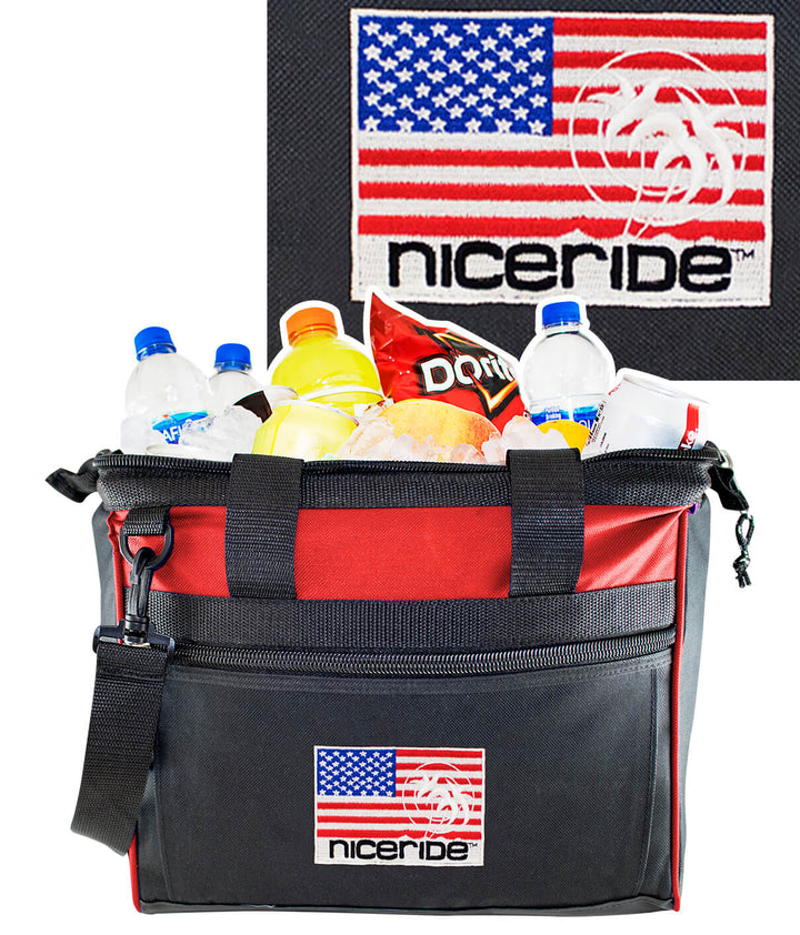 NICERIDE PRIDE cooler filled with drinks, featuring an embroidered logo and a zippered pocket.