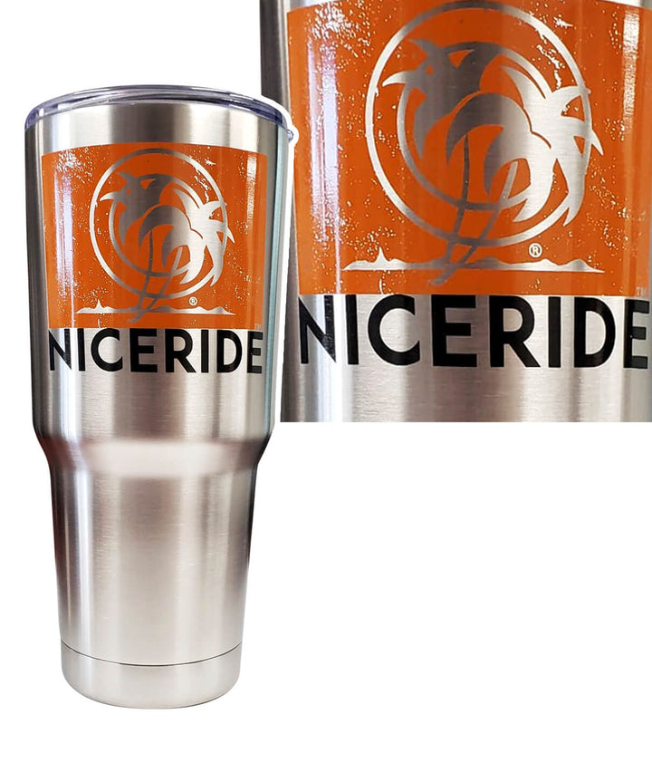 Stainless Steel Insulated Tumbler 30 oz with NICERIDE palm logo, perfect for drinks on the go.