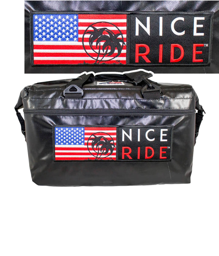 Niceride Pride soft sided vinyl cooler featuring American flag design and insulated for 36 cans plus ice.
