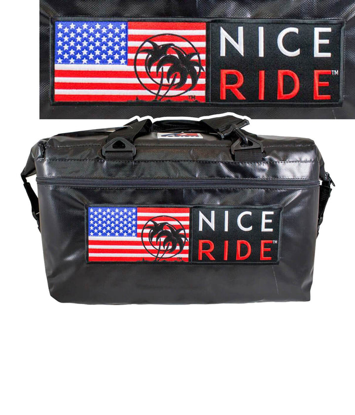 Niceride Pride soft sided cooler with American flag design, insulated for 48 cans and ice, tough waterproof vinyl exterior.