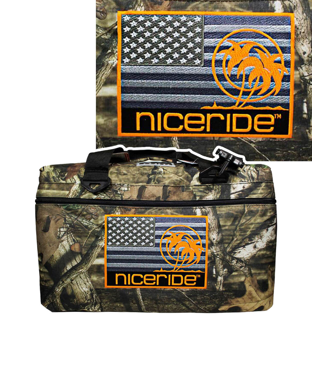 Soft sided cooler featuring NICERIDE's logo and camo design, perfect for outdoor adventures and cooling drinks.