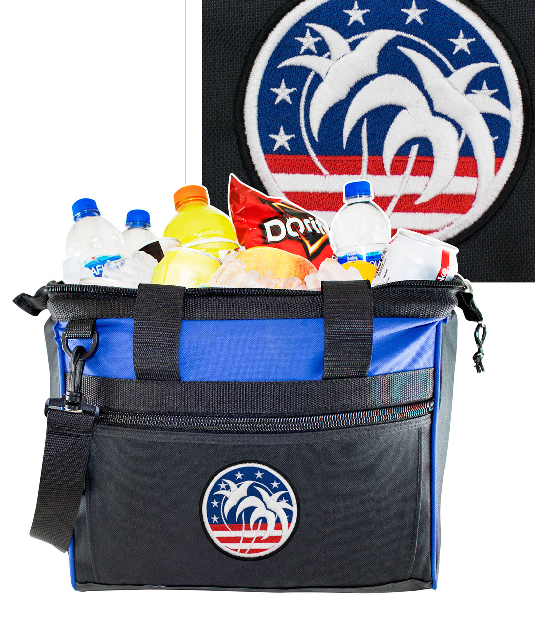 Spirit of 76 big mouth cooler filled with drinks and snacks, featuring logo and detachable shoulder strap.