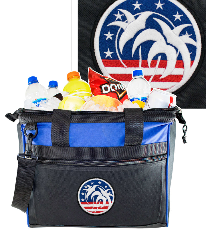 Spirit of 76 big mouth cooler filled with drinks and snacks, featuring logo and detachable shoulder strap.