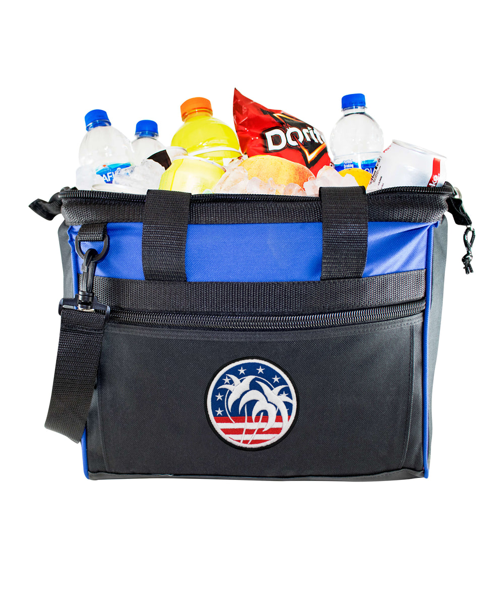 Spirit of 76 big mouth cooler filled with drinks and snacks, featuring insulated design and logo.