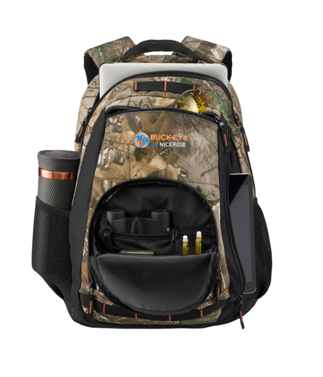 Buck-Eye Explorer camo backpack with embroidered logo, front pocket, and padded laptop sleeve.