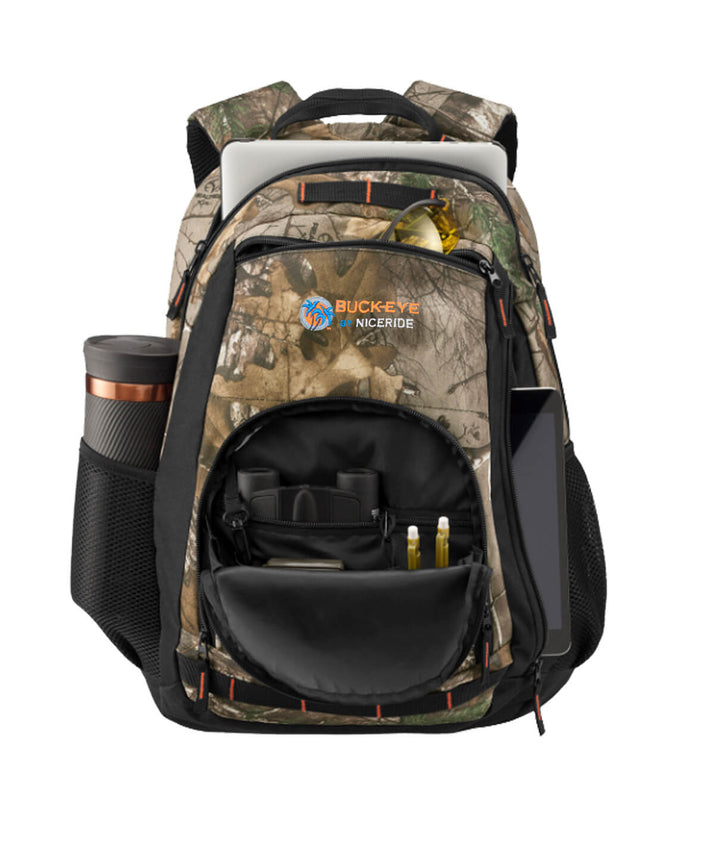 Buck-Eye Explorer camo backpack with embroidered logo, front pocket, and padded laptop sleeve.