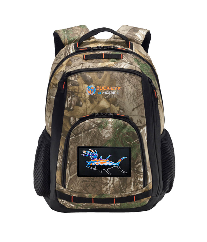 Buck-Eye Explorer camo backpack with embroidered design and hydration features.