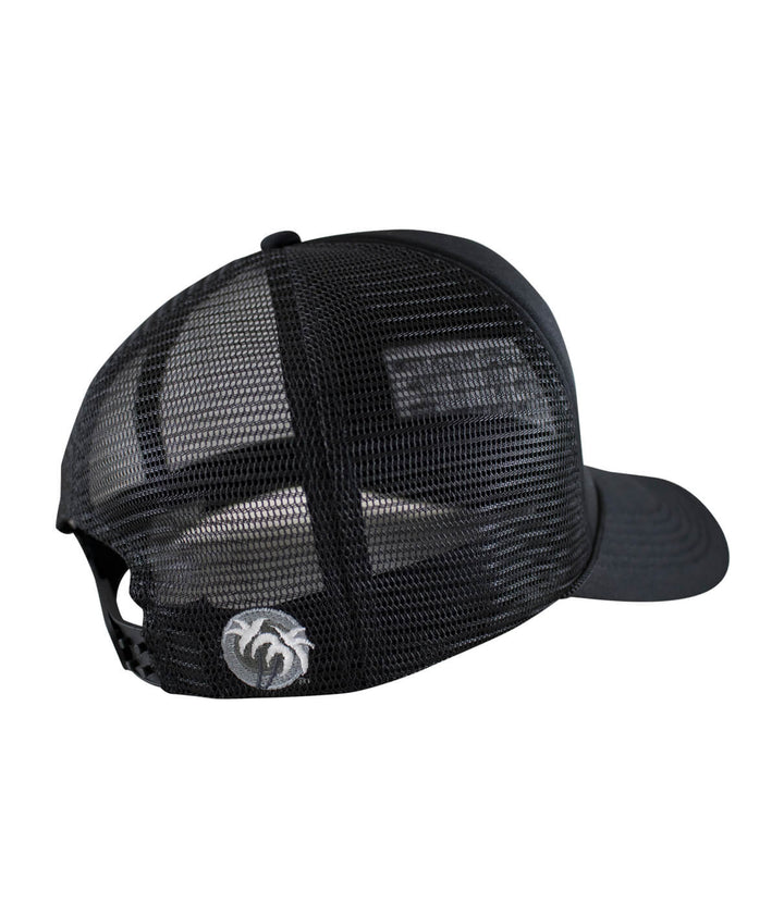 Black mesh back of the "Influencer" Foam Trucker Cap showcasing the classic palm logo.