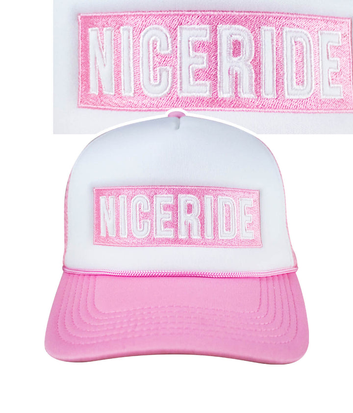 Influencer Foam Trucker Cap with NICERIDE embroidery, stylish pink accents, perfect cap for casual wear.