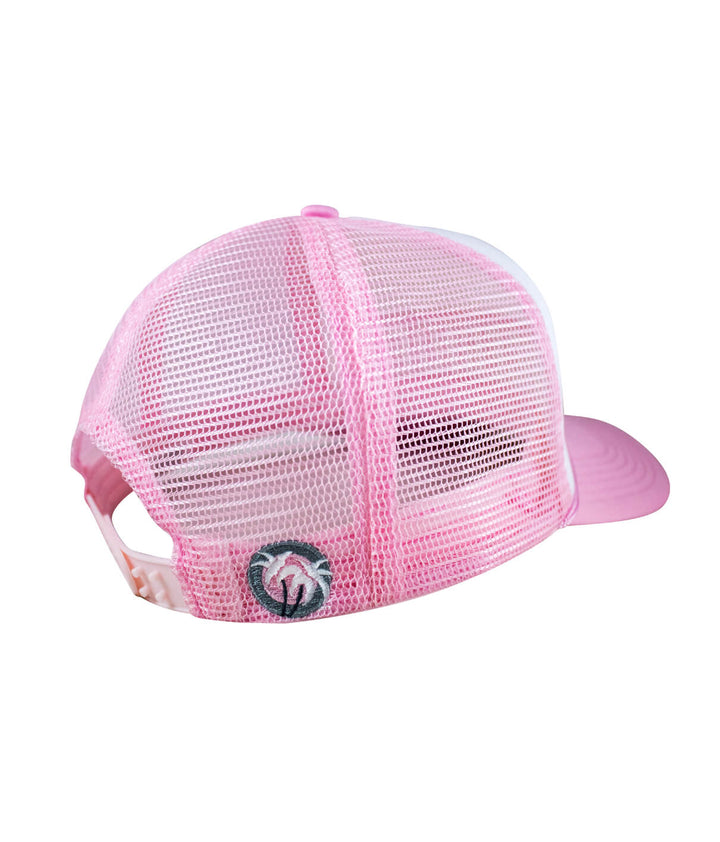 Back view of the pink Foam Trucker Cap with palm embroidery and mesh design, ideal for stylish summer wear.