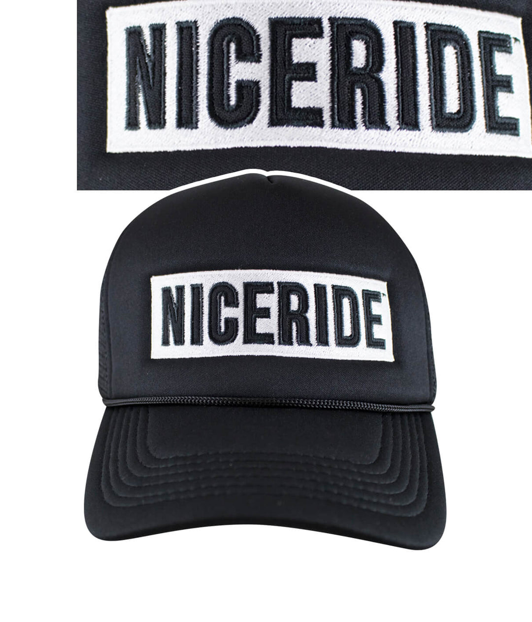 Black NICERIDE Foam Trucker Cap featuring an embroidered logo on the front, ideal for stylish outdoor wear.