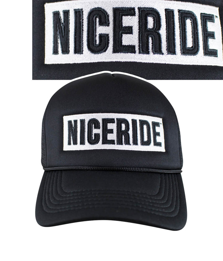 Black NICERIDE Foam Trucker Cap featuring an embroidered logo on the front, ideal for stylish outdoor wear.