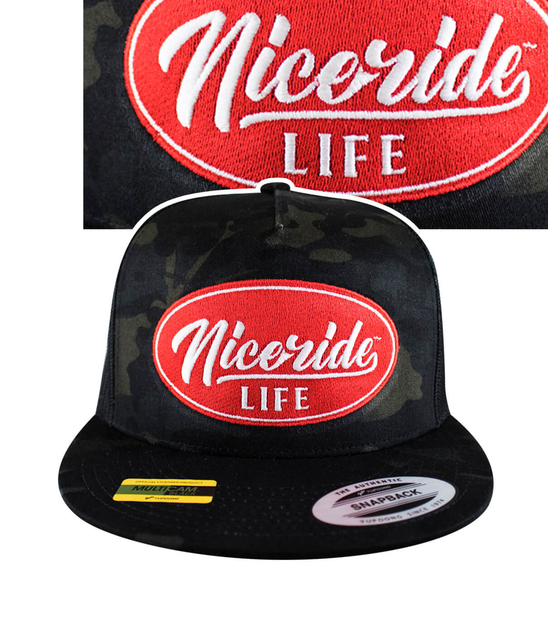 Nicerride Life snapback hat featuring a bold red embroidered logo on a black camo background.