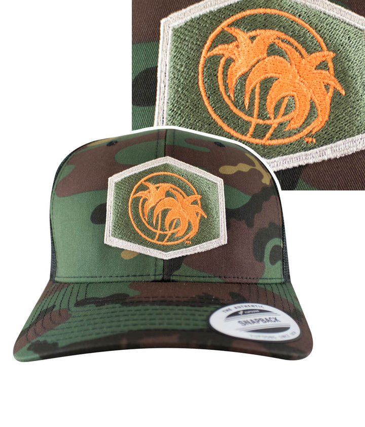 Palm Socket retro trucker hat with camo pattern and embroidered logo on front panel.